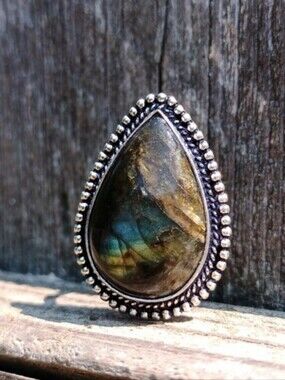 Natural Multi Flash Labradorite 925 Sterling Silver Teardrop Statement Ring Sz 8
